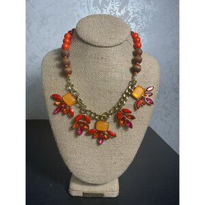 Vintage Statement Necklace With Red & Orange Beads And Gold Chain